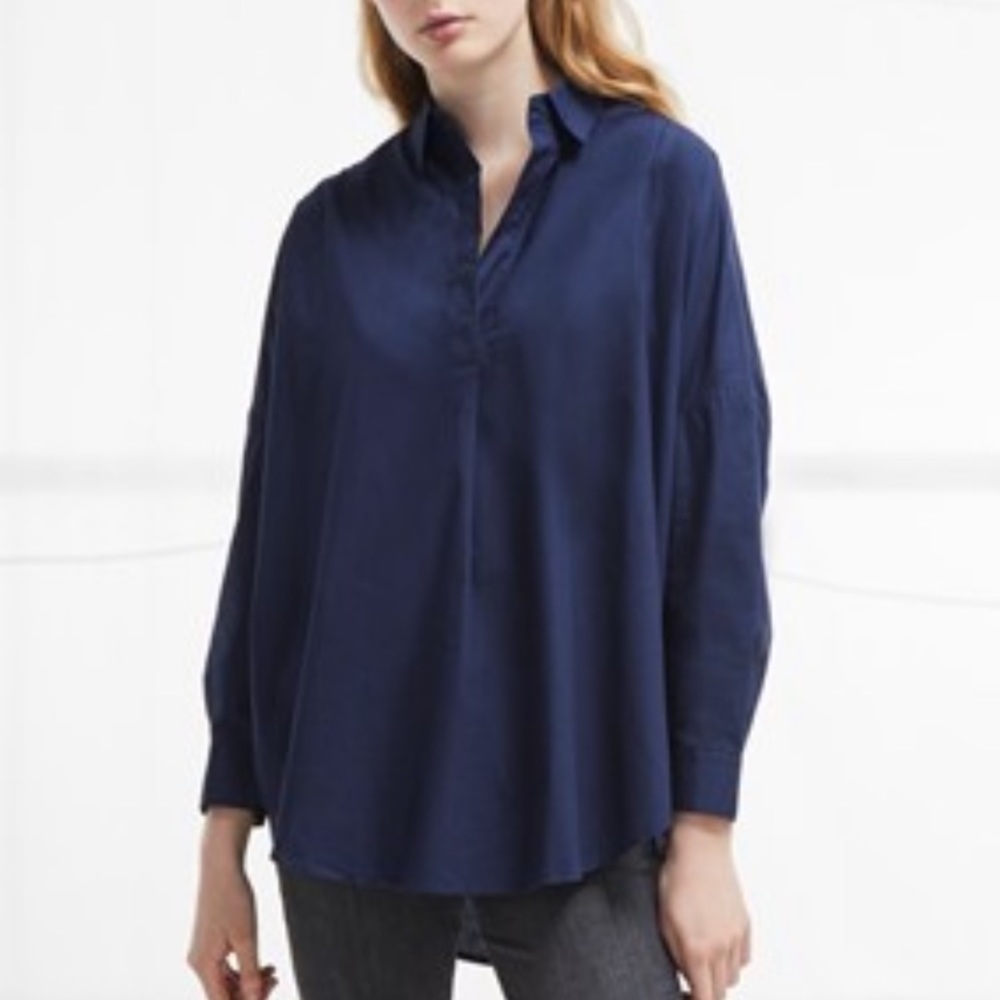 French Connection Rhodes Poplin Popover Oversized Indigo Blue Long Sleeve Shirt